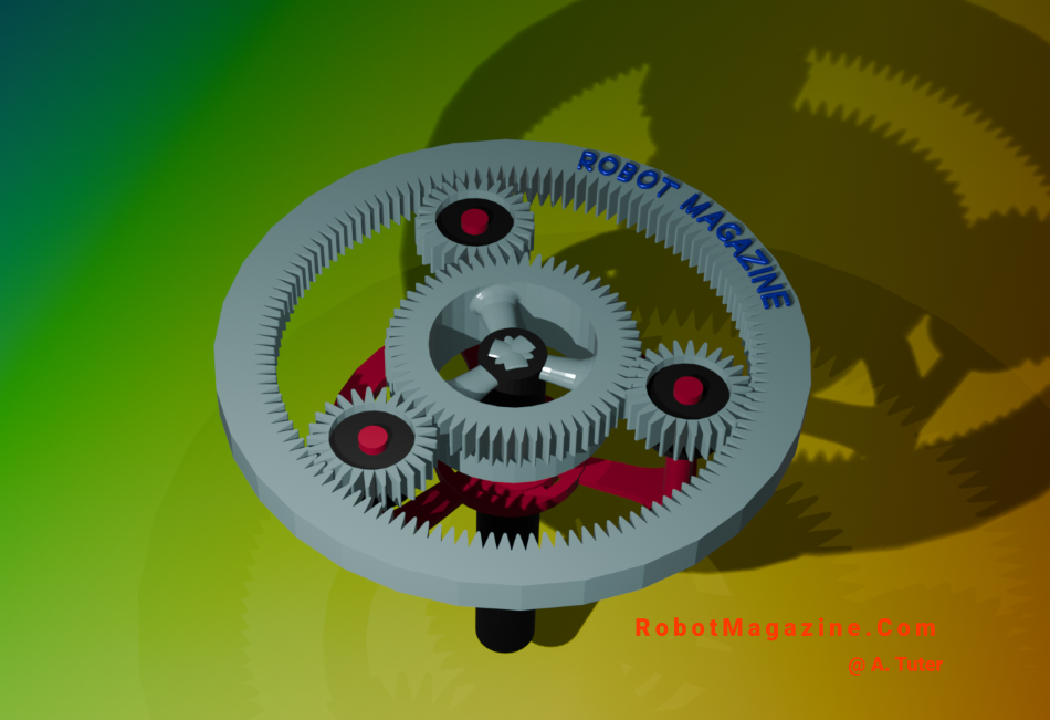 Conceptual image showing planetary gear assembly which includes sun gear, planet gear and ring gear