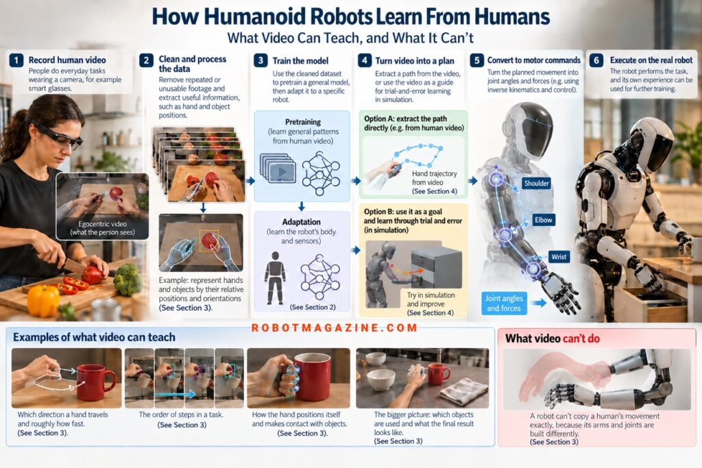 Infographic showing six steps of how humanoid robots learn from human video: recording video, cleaning data, training the model, turning video into a movement path, converting that path into motor commands, and executing on a real robot.
